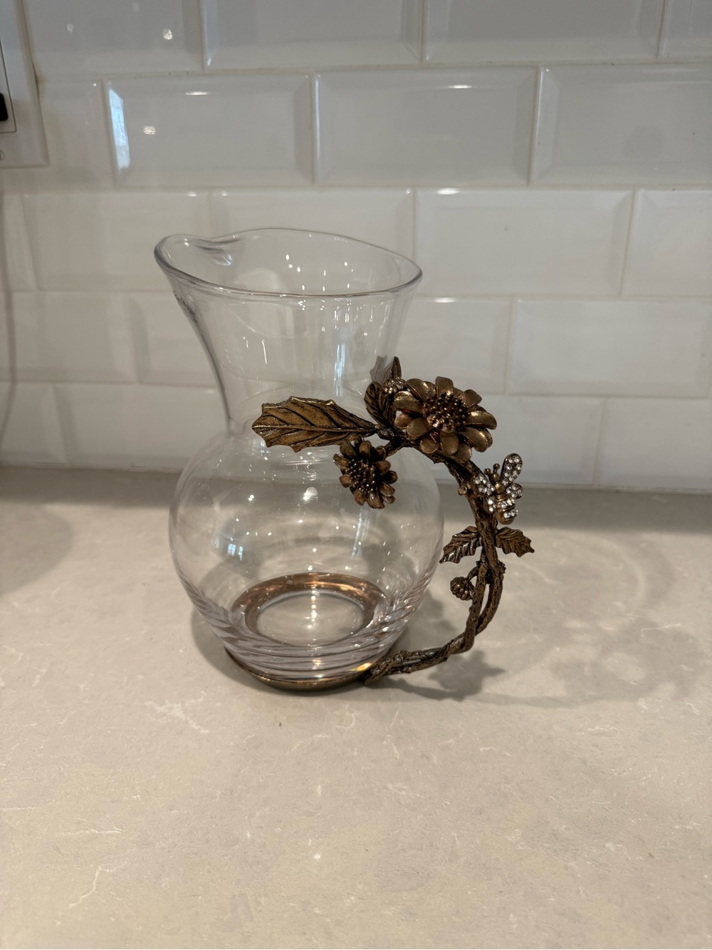 Glass Pitcher Ornate Golden Metal Handle Sunflower Bee Rhinestone Vase